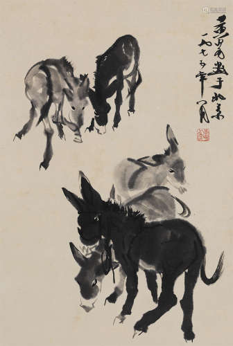 黄胄（1925～1997） 1975年作 群驴图 立轴 纸本水墨
