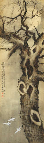 黄幻吾（1906～1985） 枯木白鹭 镜芯 纸本设色