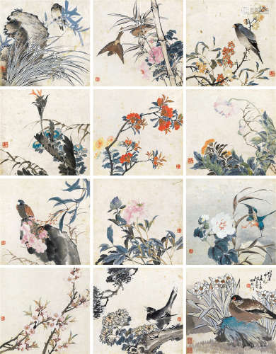 任薰（1835～1893） 1872年作 花鸟册十二开 镜芯 绢本设色