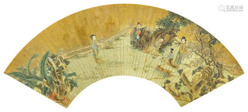 费丹旭（1802～1850） 庭园桃花图 成扇 金笺设色