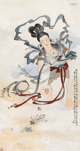 季康（b.1913） 2000年作 天女散花 立轴 纸本设色