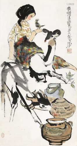 程十髮（1921～2007） 少女与鹿 立轴 纸本设色
