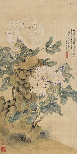 汤世澍（1831～1903） 1892年作 富贵牡丹 立轴 绢本设色