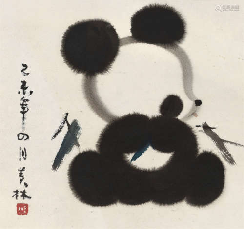 韩美林（b.1936） 2015年作 熊猫 镜芯 纸本设色