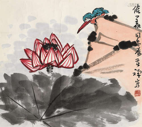 李苦禅（1899～1983） 荷花翠鸟 镜芯 纸本设色