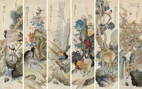 吴伯年（1891～1975） 1928年作 花鸟走兽六屏 立轴 绢本设色