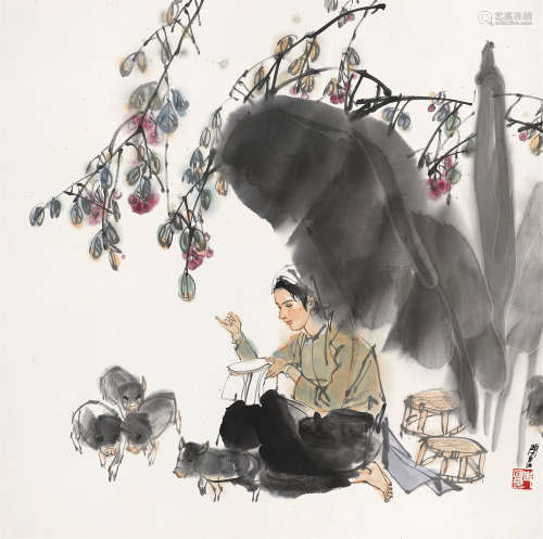 史国良（b.1956）      进入该艺术家作品认证 饲猪图 镜芯 纸本设色