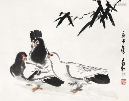 蒋兆和（1904～1986） 1980年作 和平鸽 镜芯 纸本设色