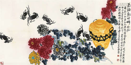 齐良迟（1921～2003） 菊酒熟时蟹正肥 镜芯 纸本设色