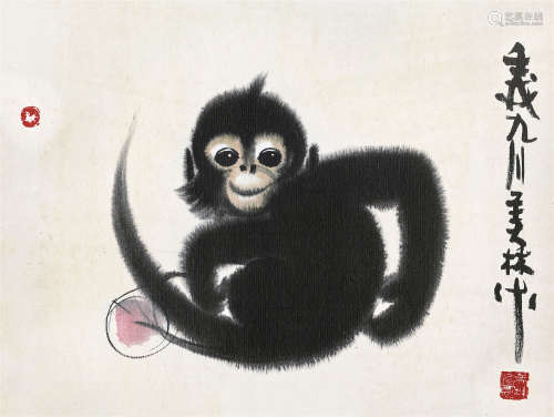 韩美林（b.1936） 1982年作 猴戏图 镜芯 纸本设色
