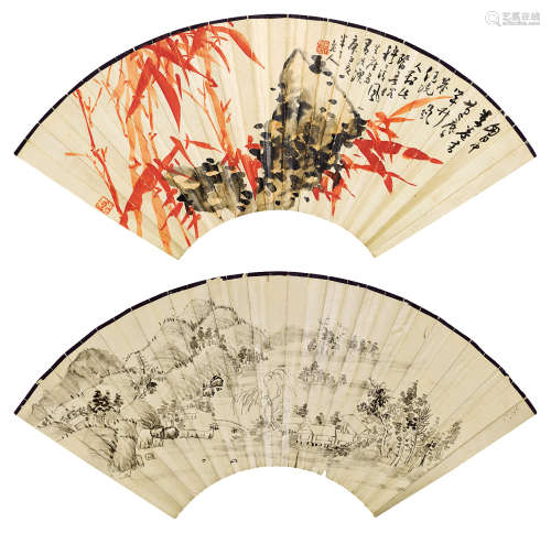 陈半丁（1876～1970） 1960年作 竹石图·秋江幽居 扇面 纸本设色