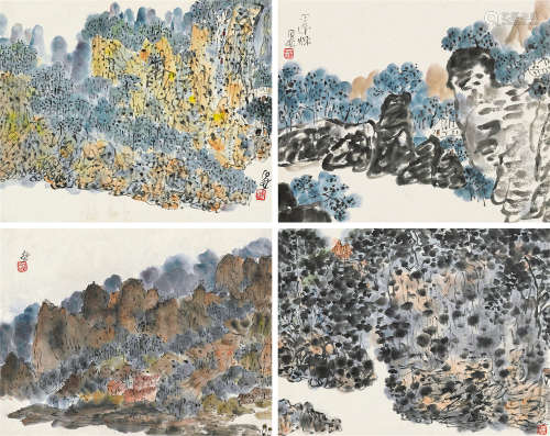 陈子庄（1913～1976） 秋山萧寺图四帧 镜芯 纸本设色
