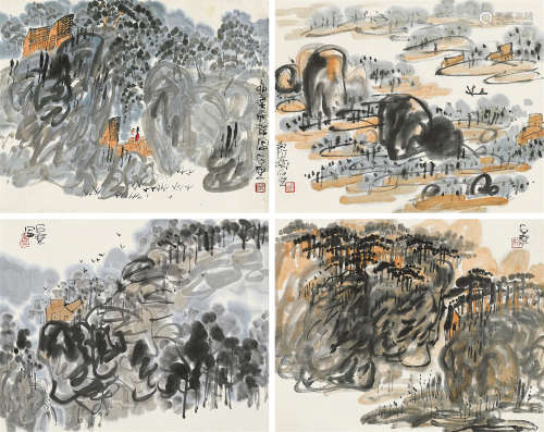 陈子庄（1913～1976） 1975年作 山居图四帧 镜芯 纸本设色