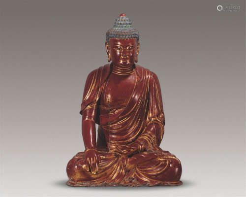 17世纪 朱砂红漆木雕佛祖像
