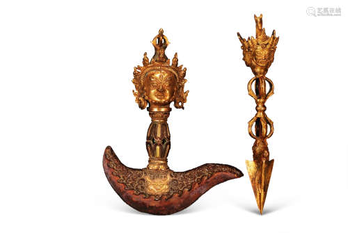 18世纪 铜鎏金天铁金刚钺杵 （两件）