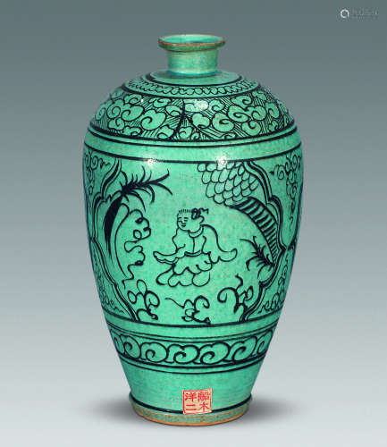 明 磁州窑绿釉童鹤梅瓶