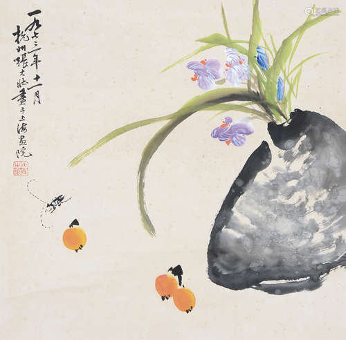 张大壮（1903～1980） 花果天牛 镜片 设色纸本