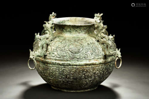 ARCHAIC BRONZE CAST' DRAGONS' RITUAL JAR WITH COVER, LEI