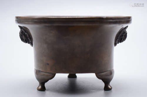 BRONZE CAST TRIPOD CENSER WITH LION MASK HANDLES