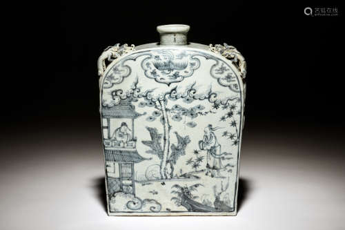 YUAN-TYPE BLUE AND WHITE 'PEOPLE' LARGE FLASK WITH CHILONG HANDLES