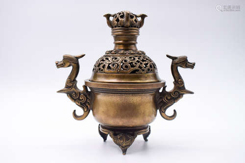 BRONZE CAST TRIPOD INCENSE BURNER WITH HANDLES AND LID