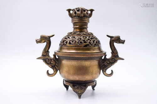 BRONZE CAST TRIPOD INCENSE BURNER WITH HANDLES AND LID