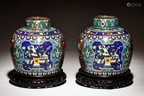 PAIR OF CLOISONNE ENAMELED JARS WITH COVER AND STAND