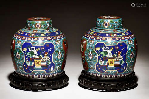 PAIR OF CLOISONNE ENAMELED JARS WITH COVER AND STAND