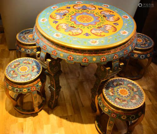 SET OF FIVE PIECE CLOISONNE ENAMELED TABLE AND STOOLS