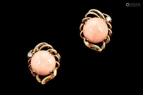 PAIR OF 14K GOLD ANGEL SKIN CORAL EARRINGS