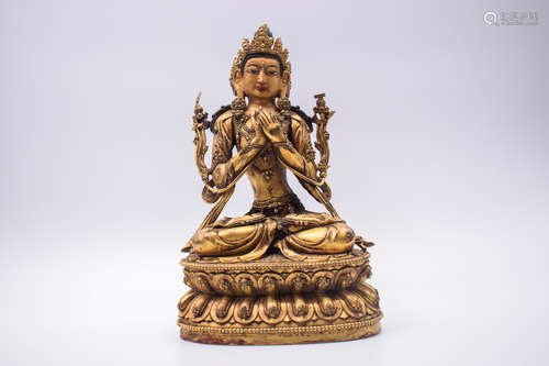 GILT BRONZE CAST 'MANJUSRI' SEATED FIGURE