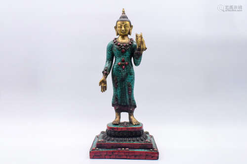 BRONZE CAST AND TURQUOISE DECORATED 'BODHISATTVA' STANDING FIGURE