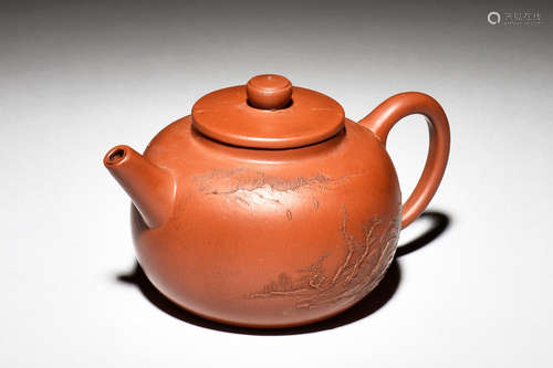 YIXING ZISHA 'LANDSCAPE & CALLIGRAPHY' TEAPOT