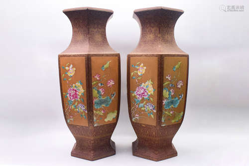 PAIR OF YIXING ZISHA HEXAGONAL 'FLOWERS' MEDALLION VASES