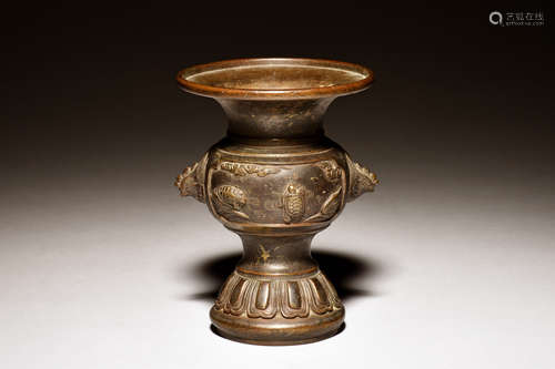 BRONZE CAST 'MYTHICAL BEASTS' VASE WITH HANDLES