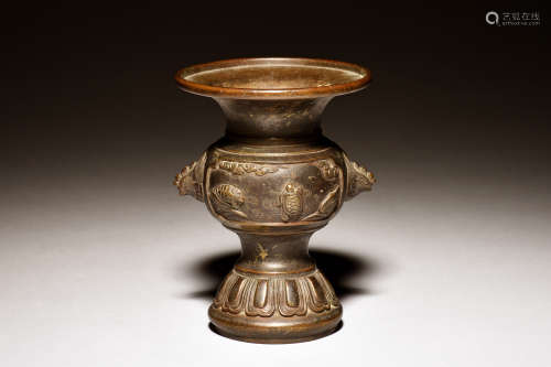 BRONZE CAST 'MYTHICAL BEASTS' VASE WITH HANDLES