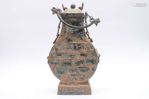 BRONZE CAST FLATTENED FLASK WITH LID
