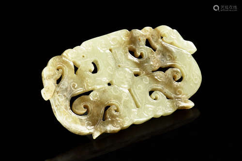 HETIAN CELADON WHITE JADE CARVED 'DRAGON & PHOENIX' PENDANT