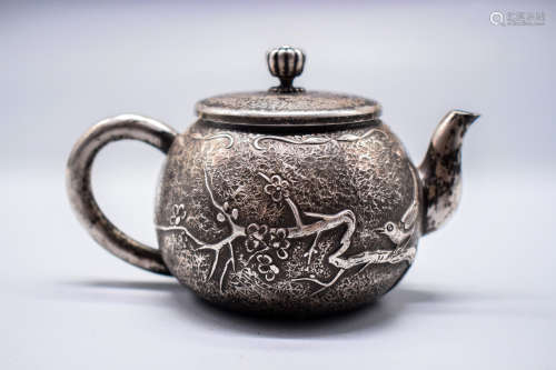 SILVER 'BIRDS AND FLOWERS' TEAPOT