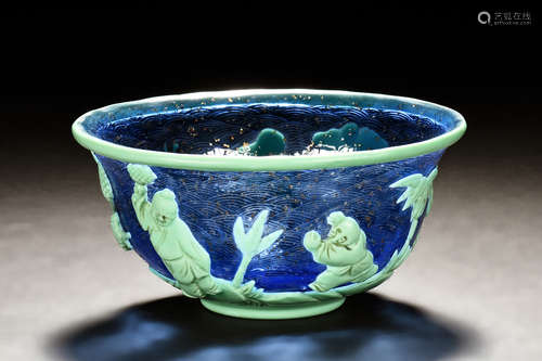 BLUE GLASS AND ENAMELED 'CHILDREN' BOWL