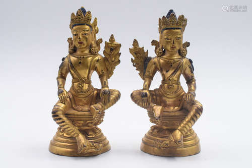 PAIR OF GILT BRONZE CAST 'GREEN TARA' SEATED FIGURES