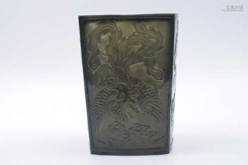 JASPER JADE CARVED 'DRAGON AND PHOENIX' RECTANGULAR BRUSH POT