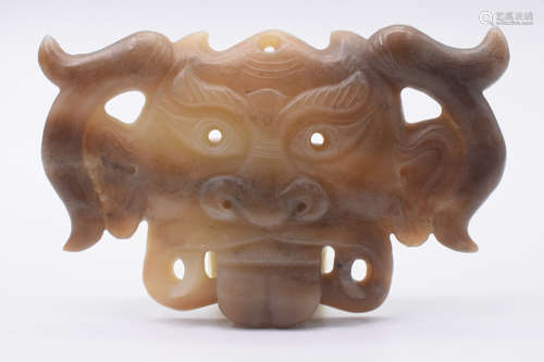 JADE CARVED 'MYTHICAL LION' MASK ORNAMENT