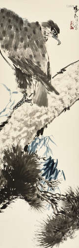 INK AND COLOR ON PAPER, VERTICAL SCROLL. THE PAINTING DEPICTS AN EAGLE PERCHED ON PINE TREE, LOOKING DOWNWARDS AND READY TO PREY, ARTIST SIGNATURE AND MARK ON RIGHT SIDE.