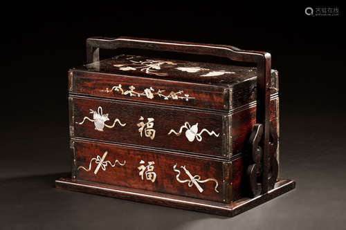 MOTHER-OF-PEARL INLAID HONGMU WOOD TIERED BOX