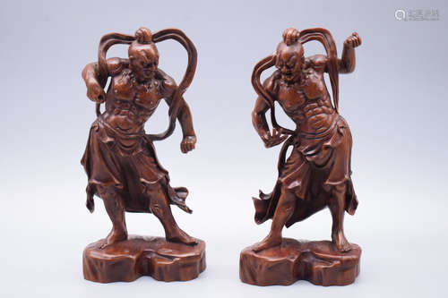 PAIR OF HUANGYANGMU WOOD CARVED 'GUARDIANS' FIGURES