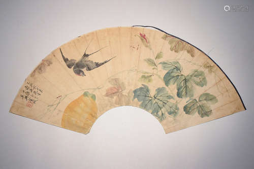 INK AND COLOR ON FAN LEAF PAINTING 'FLOWERS AND BIRD'