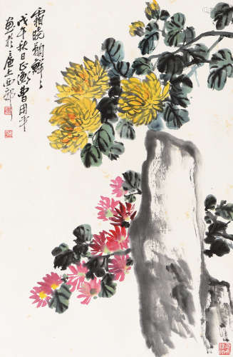 曹用平（b.1922） 戊午（1978年）作 菊石 立轴 设色纸本