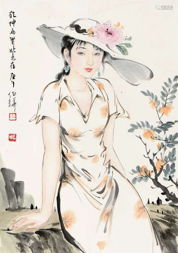 白伯骅（b.1944） 庚午（1990年）作 簪花佳丽 立轴 设色纸本