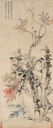 恽寿平（1633～1690） 篱菊寿石 立轴 设色纸本